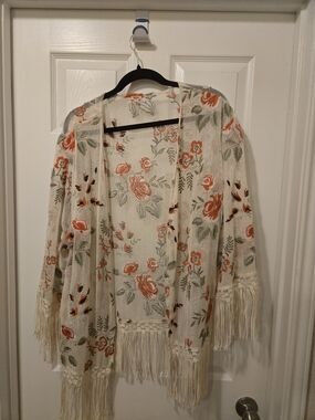 Reba Cream Floral Crochet Fringe Open Kimono